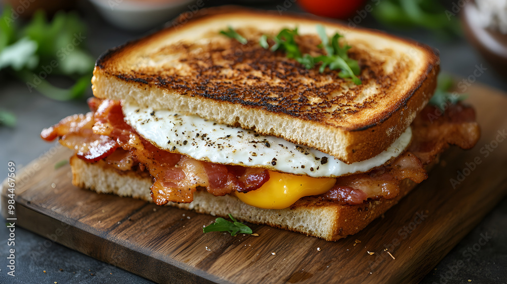 Toasted breakfast sandwich with fried egg and bacon, a tasty and satisfying morning meal, perfect for breakfast Toasted breakfast sandwich with fried egg and bacon, a tasty and satisfying morning meal, perfect for breakfast