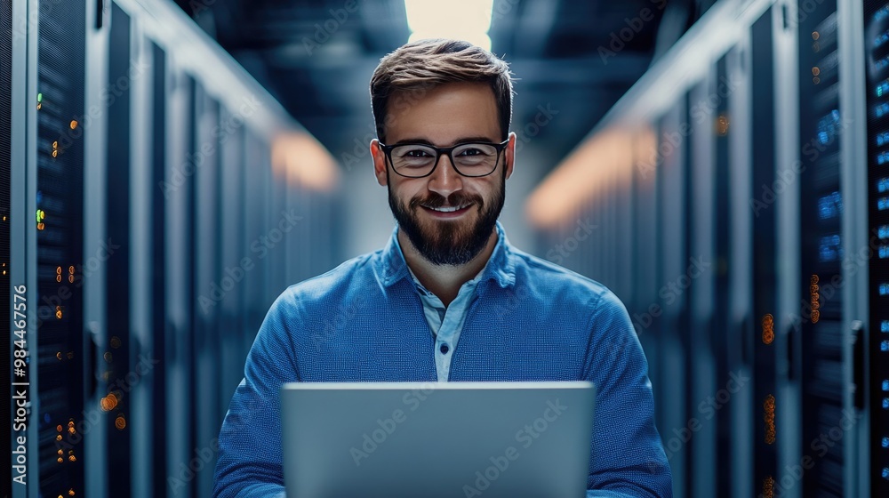 Fototapeta premium Focused IT Technician Working in Data Center
