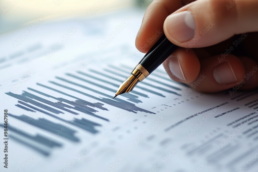 A hand holding a fountain pen over financial documents featuring detailed graphs and data analysis during a corporate meeting A hand holding a fountain pen over financial documents featuring detailed graphs and data analysis during a corporate meeting