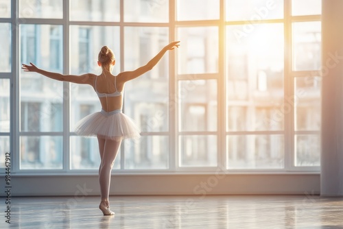 A ballerina dressed in a white tutu practicing dance in a sunlit studio, capturing the grace, elegance, and dedication associated with ballet, set in a bright and airy ambiance. photo