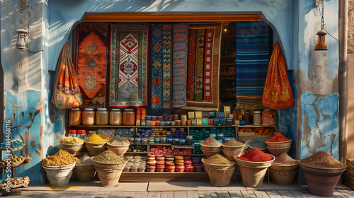 Vibrant Moroccan Spice and Textile Shop. A colorful and bustling Moroccan market stall overflowing with an array of aromatic spices in baskets and jars, vibrant textiles, and traditional rugs, showcas