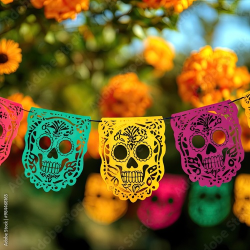 Vibrant papel picado banners with skull designs, set against a background of colorful marigold flowers. photo