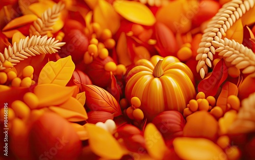Vibrant autumn foliage with orange leaves, a golden pumpkin, and decorative berries, creating a festive seasonal atmosphere.