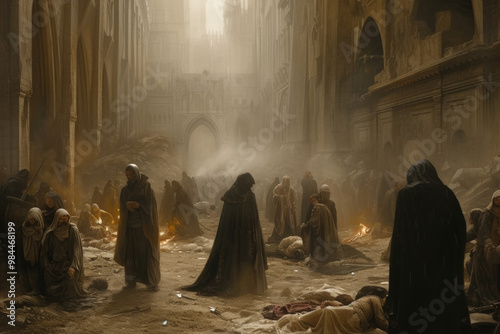 Dark medieval scene depicting the desolation and despair of a plague, with figures cloaked in robes around fires in a foggy, abandoned city. photo