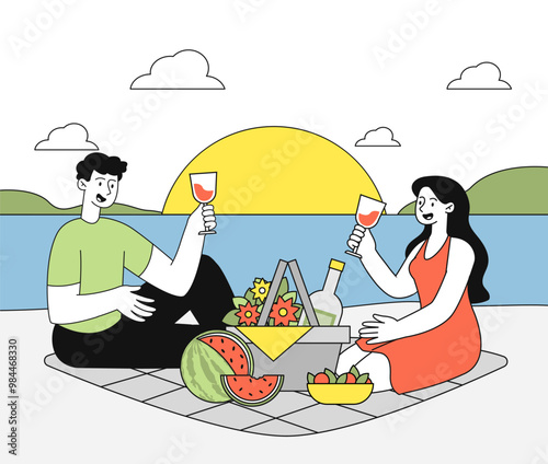 Romantic date on beach. Man and woman with wine sitting near basket with fruits. Love and romance. Couple spending time together outdoors. Linear vector illustration