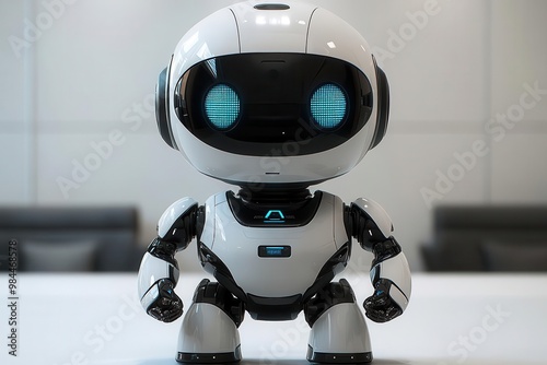 charming robot assistant with sleek white exterior expressive led eyes and retractable arms posed cheerfully against a minimalist backdrop photo