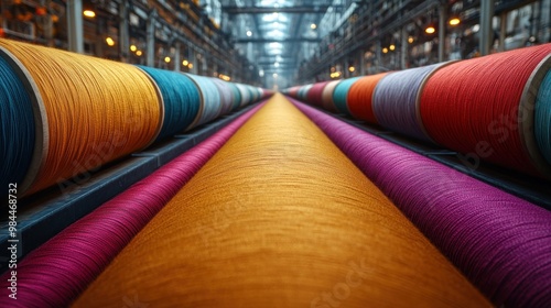 Colorful spools of thread arranged in a textile factory setting. photo