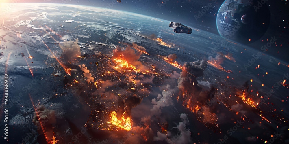 Firefall in outer space, Spaceship flames zero gravity, Firestorm near earth, Flaming earth from orbit
Firefall in outer space, Spaceship flames zero gravity, Firestorm near earth, Flaming earth from orbit