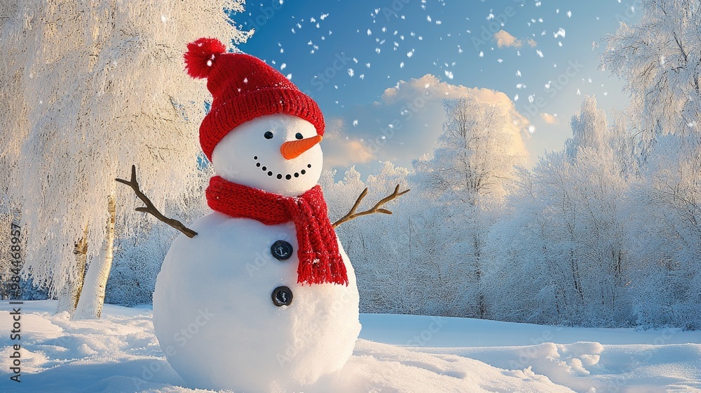 Obraz premium Snowman with Red Hat and Scarf in Snowy Winter Scene