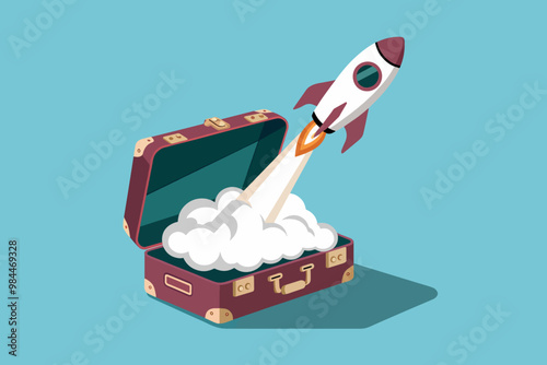 Rocket taking off from a suitcase, startup, business and travel concept.
