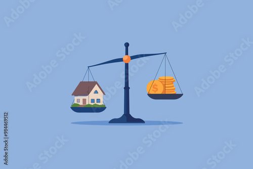 Scales with house on one side and coins on the other, concept of property and investment.