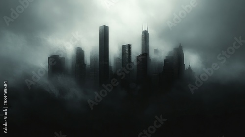 Majestic modern cityscape skyline with dark silhouette surrounded by grim mist and fog, a captivating view in the distance new beautiful stock image illustration AI