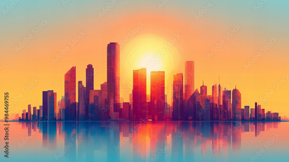 Modern cityscape skyline with a stunning sunset and silhouette of buildings reflecting the evening sky new beautiful stock image illustration AI Modern cityscape skyline with a stunning sunset and silhouette of buildings reflecting the evening sky new beautiful stock image illustration AI