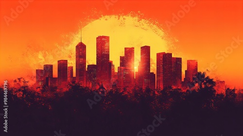 Modern cityscape skyline with a stunning sunset and silhouette of buildings reflecting the evening sky new beautiful stock image illustration AI