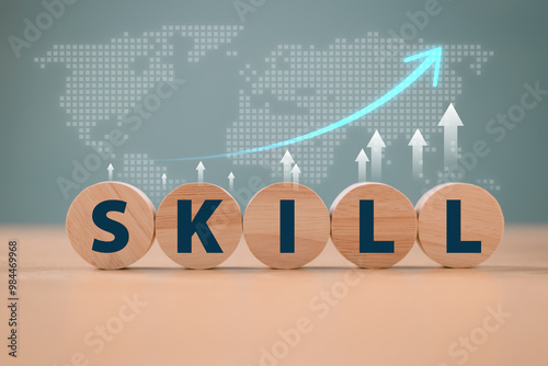 Skill competency development concept. Leadership thinking upskill. Wooden with soft skill digital icon on world map background. Education learning talent, up new ability training technology evolution