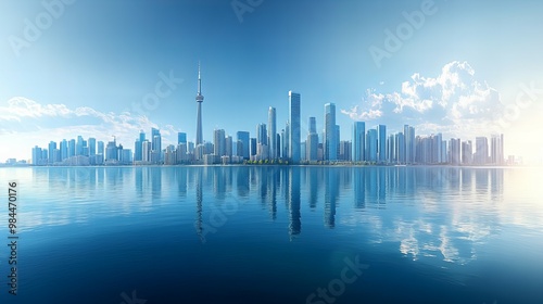 Breathtaking modern cityscape skyline with towering skyscrapers reflecting on calm sea horizon under a clear blue sky new beautiful stock image illustration AI