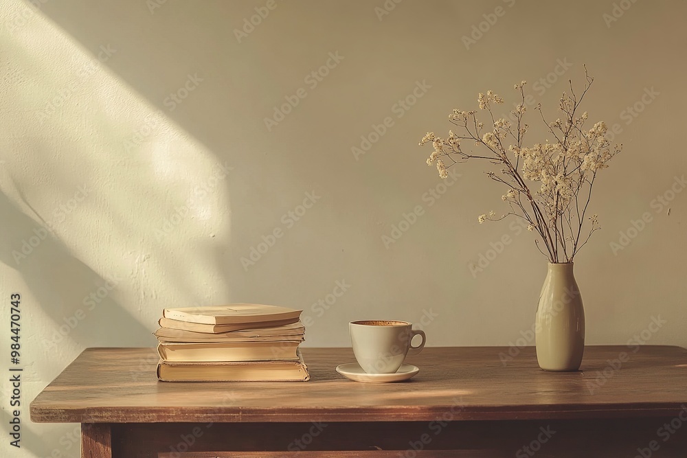 A cup of coffee placed on a stack of books with a minimalist vase beside it, arranged on a table, leaving ample space for text. Ideal for cozy or inspirational content A cup of coffee placed on a stack of books with a minimalist vase beside it, arranged on a table, leaving ample space for text. Ideal for cozy or inspirational content