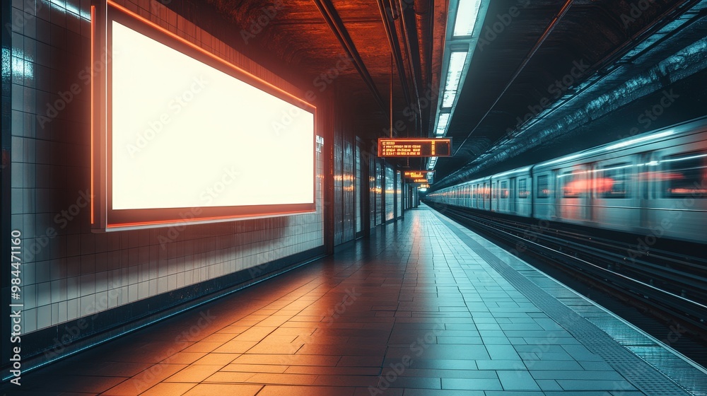 Modern Subway Station with Empty Platform and Billboards