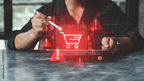  Safety Concepts for Online Shopping, Security alert from scammers. Alert of secure online shopping concept, Warning and danger sign, scam and thief in cybersecurity.