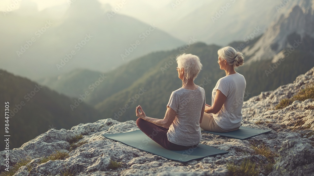 Two women practicing yoga on mountain top at sunset Two women practicing yoga on mountain top at sunset