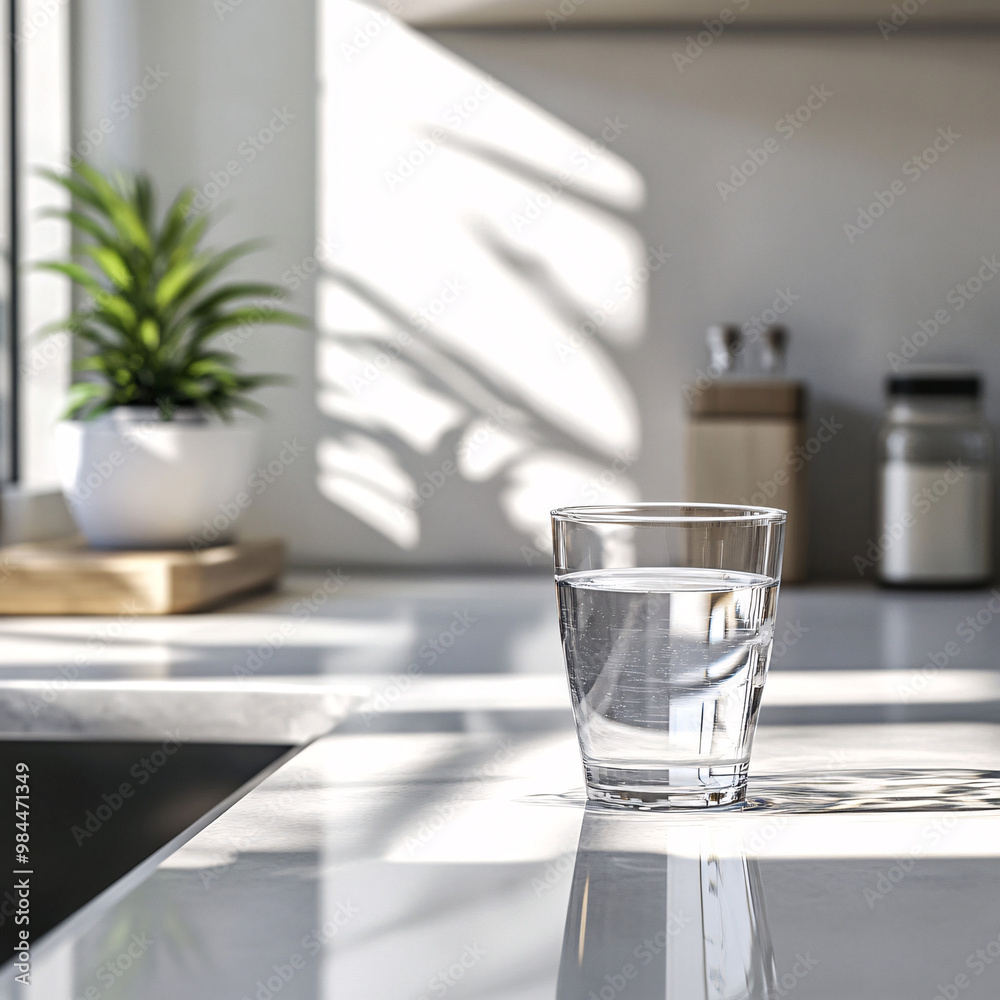 Pure water in the glass is on the table.
