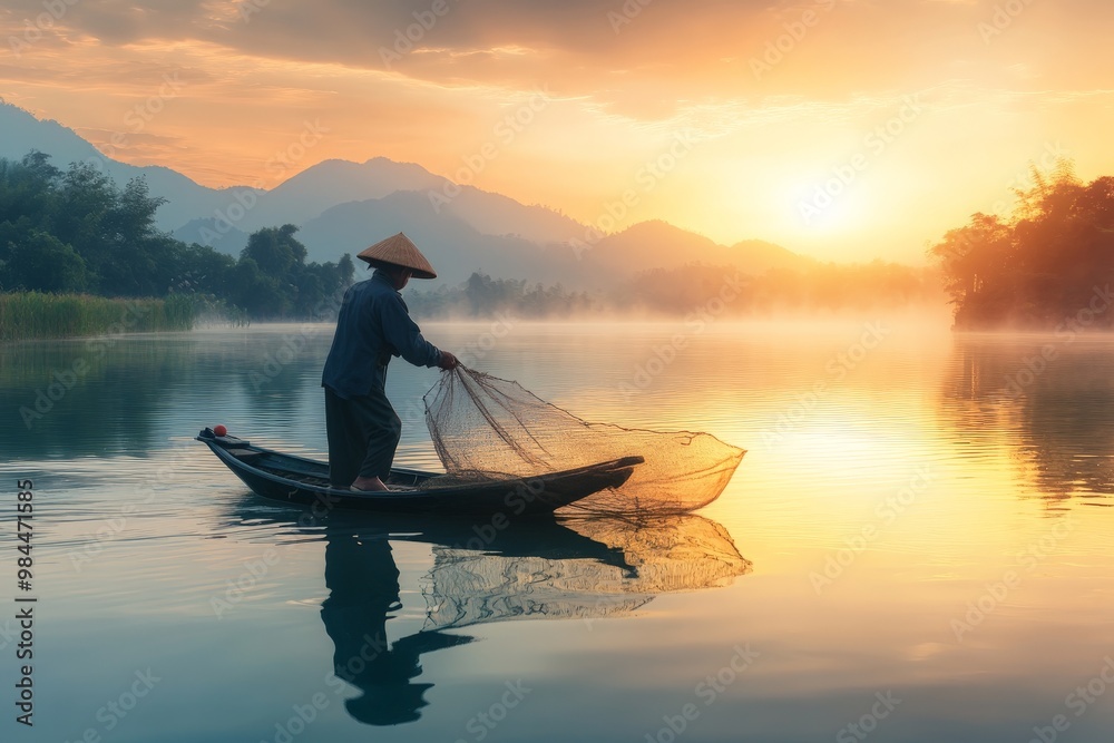 A fisherman balancing on a small boat while holding a fishing net during dawn, with misty mountains and serene waters in the background, symbolizing balance and calmness. A fisherman balancing on a small boat while holding a fishing net during dawn, with misty mountains and serene waters in the background, symbolizing balance and calmness.