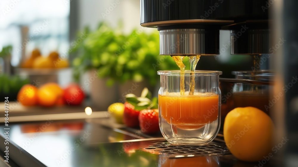 Modern Juicer in Bright Kitchen with Fresh Oranges and Citrus Fruits Modern Juicer in Bright Kitchen with Fresh Oranges and Citrus Fruits