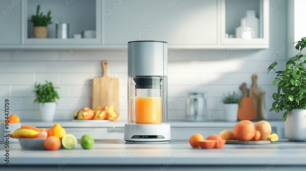 Modern Juicer in Bright Kitchen with Fresh Oranges and Citrus Fruits Modern Juicer in Bright Kitchen with Fresh Oranges and Citrus Fruits