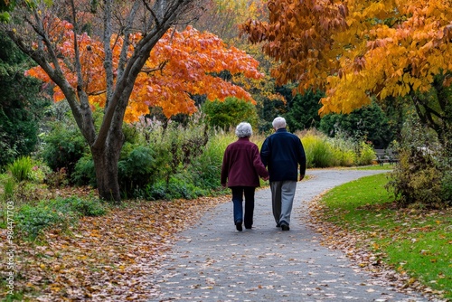 An elderly couple is seen from behind, walking hand in hand on a pathway lined with colorful autumn trees, creating a scenic and romantic atmosphere filled with warmth and nostalgia.