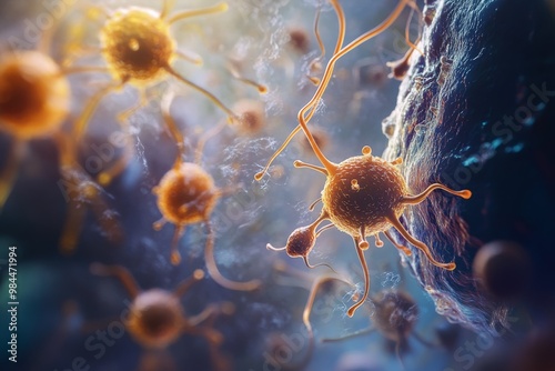 Image of orange-colored microscopic cells with tendrils actively interacting with a surface, illustrating biological processes like infection or cellular invasion in clear detail. photo