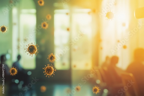 A common area showing floating virus particles, representing the ease with which airborne diseases can spread in public spaces and the need for vigilant health practices.