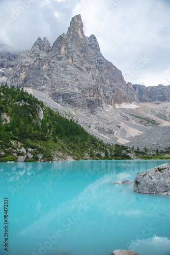 lago di sorapis, the rocky mountain with the sapphire blue lake water, summer, Dolomites, Italy