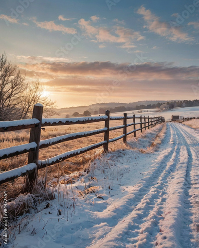 A snow-covered wooden fence along a rural road, with the distant fields and hills fading into a soft wintery blur, captured at sunrise