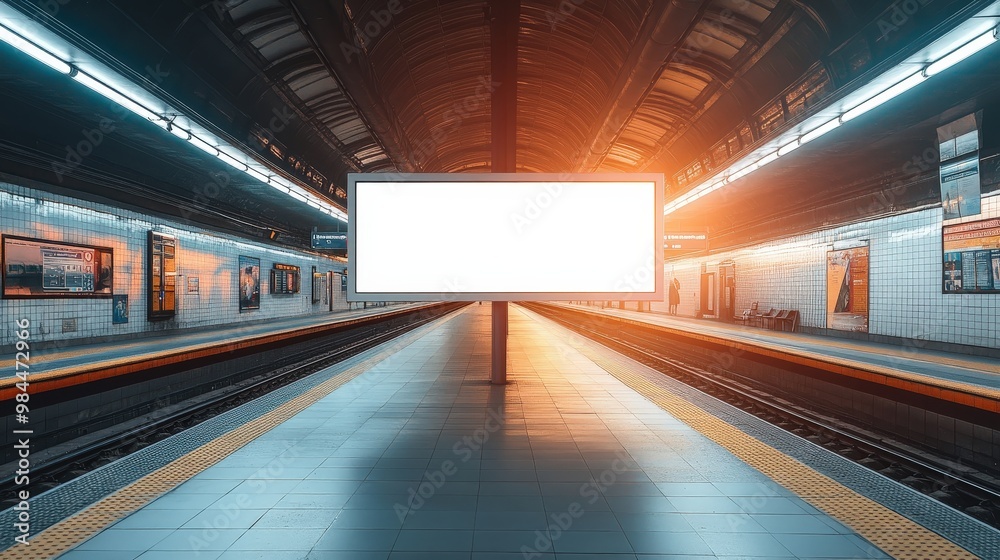 Fototapeta premium Empty Subway Station with Blank Billboard at Sunset