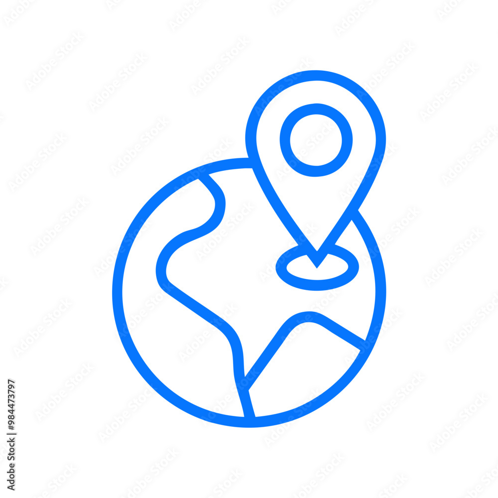Blue globe with location pin icon for global travel, simple vector Blue globe with location pin icon for global travel, simple vector