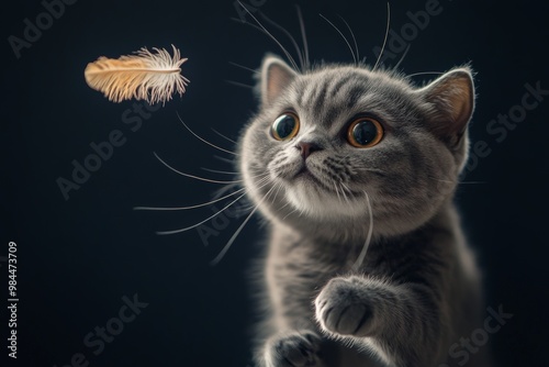 A delightful gray cat with large, curious eyes jumps towards a floating feather, showcasing its playful nature in this captivating, well-lit photograph.