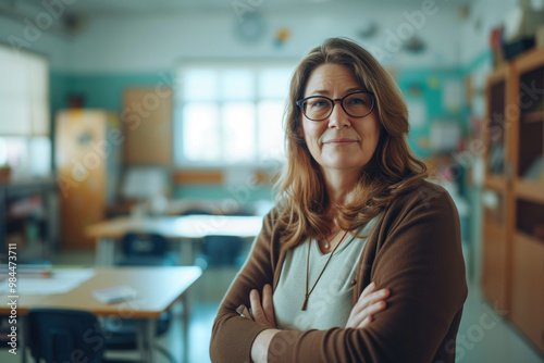 Confident middle-aged teacher standing in an empty classroom, representing dedication and a passion for education. 