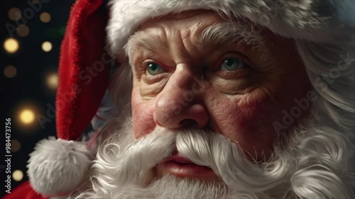 Portrait of Santa Claus with a red pointed hat and a white-gray beard. Generative AI Video