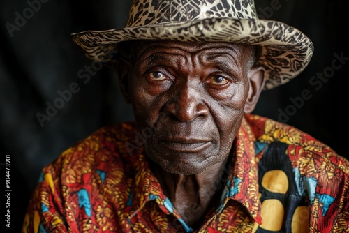 A person draped in a colorful, patterned garment complemented by a bold leopard print hat, capturing a vibrant and eclectic fashion sense in an indoor setting.