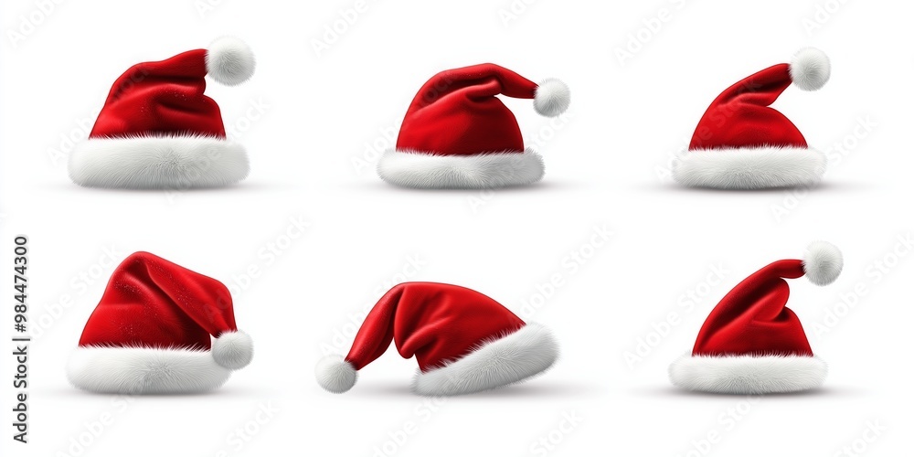 A series of red and white santa hats with white pom poms. The hats are all different sizes and angles, but they all have the same red and white color scheme. The hats are arranged in a row A series of red and white santa hats with white pom poms. The hats are all different sizes and angles, but they all have the same red and white color scheme. The hats are arranged in a row