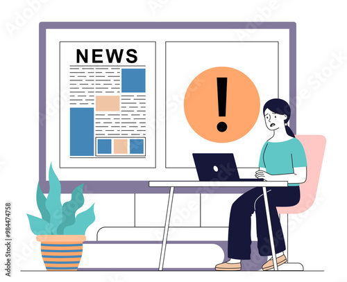 Woman with disturbing news. Young girl with laptop reading bad news in newspaper. Negative feelings and emotions. Information overload. Linear vector illustration