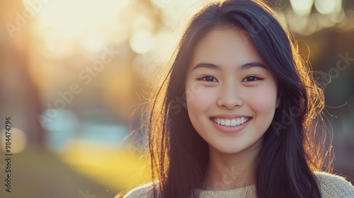 A young woman with a glowing smile is captured outdoors, embraced by soft light and natural beauty, exuding warmth, happiness, and serenity effortlessly.