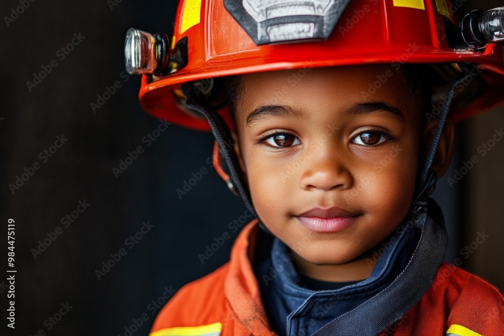 A child dressed in a fireman's uniform with a red helmet, exuding a sense of courage and focus, captured in an artistic, expressive portrait setup. A child dressed in a fireman's uniform with a red helmet, exuding a sense of courage and focus, captured in an artistic, expressive portrait setup.