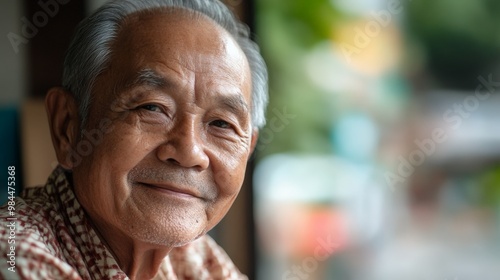 A smiling elderly man in a patterned shirt sits indoors, projecting a sense of relaxation and peacefulness, embodying happiness in the simplicity of daily life.