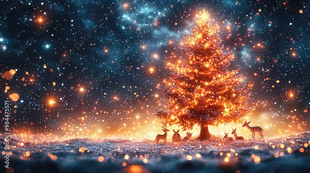 A mystical forest scene where woodland animals like deer, foxes, and rabbits gather around a beautifully decorated tree in the clearing, twinkling fairy lights strung from the trees, A mystical forest scene where woodland animals like deer, foxes, and rabbits gather around a beautifully decorated tree in the clearing, twinkling fairy lights strung from the trees,