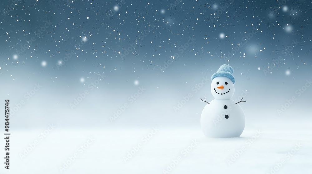 Obraz premium A snowman with a blue hat stands in the snow. The snow is falling and the sky is blue