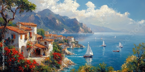 Serene Coastal Village with Sailboats and Scenic Mountains