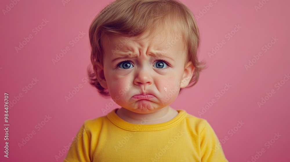 Portrait of an adorable toddler boy wearing a yellow t-shirt and crying. Portrait of an adorable toddler boy wearing a yellow t-shirt and crying.