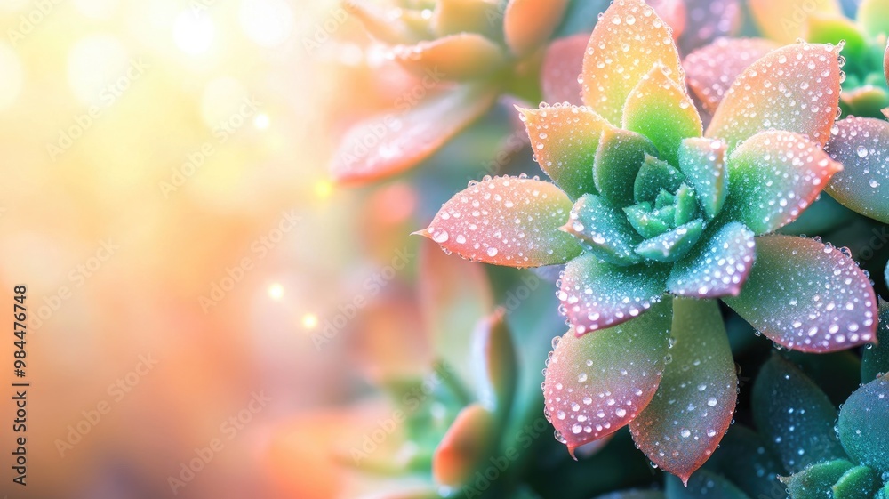 Fototapeta premium Succulent plant with water droplets on leaves in bright light