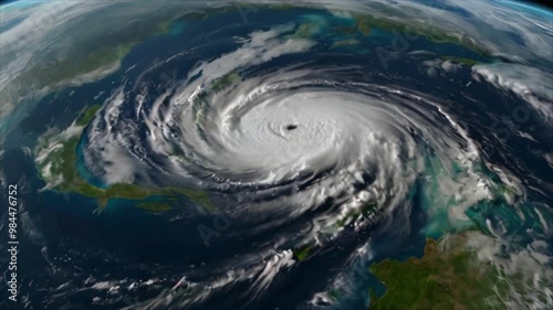A satellite captures a realistic animation of a massive hurricane swirling over the ocean. Generative AI Video